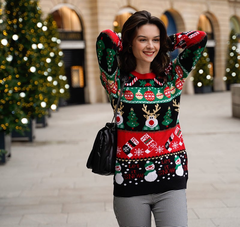 v28 Women Ugly Christmas Sweater Vintage Pullover Oversized Crew Neck Long Sleeve Knit Sweaters (Beauty Snowman Black,L) - Image 3